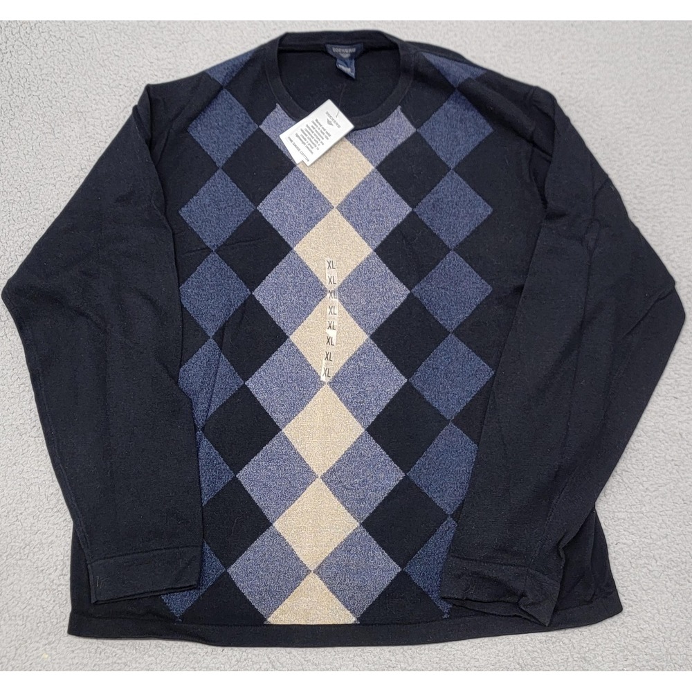 Dockers Sweater‎ Mens XL Black Argyle Fine Gauge Cotton Knit Crewneck Pullover